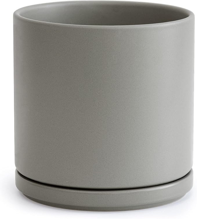 D'vine Dev 10 Inch Ceramic Planter Pot, Grey, 94-O-E-3 | Modern Cylinder Design, Drainage Hole & Saucer Included, Stable Structure, Elegant Home Accent