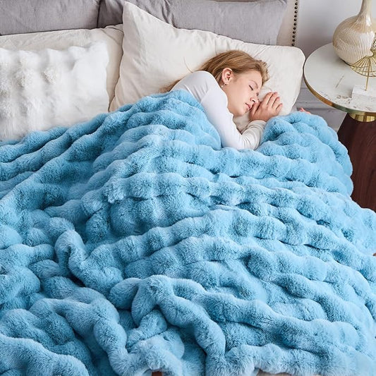 NEWCOSPLAY Faux Fur Thick Bubble Twin Blanket for Couch, Blue, 60"x80" | Luxury Fluffy Thick Warm Bubble Blanket for Couch Sofa Bed 1000GSM, Soft Plush Cozy Decorative Throw, Gift for Women Men