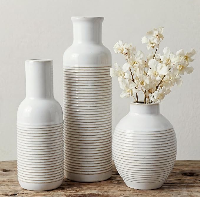 Rustic Farmhouse Vase Set of 3 - Ceramic Decorative Flowers Vases Home Decor - Pampas Grass Dried Fresh Flowers - for Centerpiece, Table, Mantel Entryway, Kitchen, Bedroom (White)