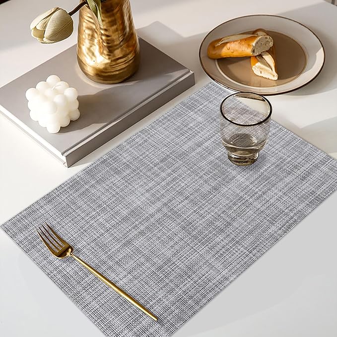 Vinyl Placemats Set of 6, PVC Woven Washable Non-Slip Table Mats, Heat Resistant Wrinkle Free Place Mats for Dining Table, Easy to Clean (6, Light Grey)