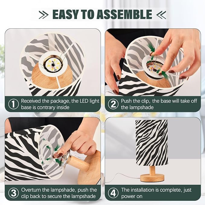Bedside Table Lamp Zebra Animal Print Nightstand Lamp with Wood Black White Stripe Desk Lamps for Bedroom Living Room Nursery Office Home Decor