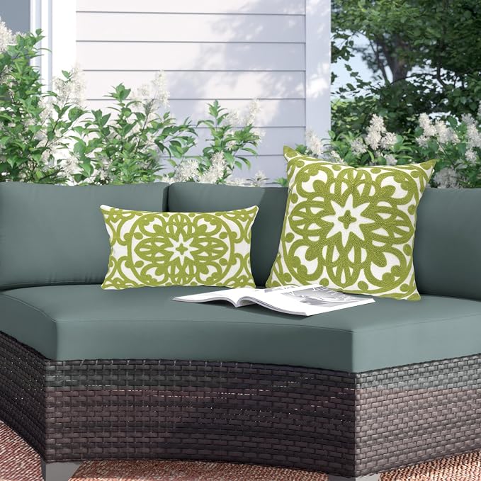 Alysheer Embroidered Summer Decorative Throw Pillow Covers 18"x18", Classic Boho Mandala Green Pattern Cotton Canvas Chic Accent Cushion Cases for Sofa Couch Bed Living Room Decor (Chartreuse Green)