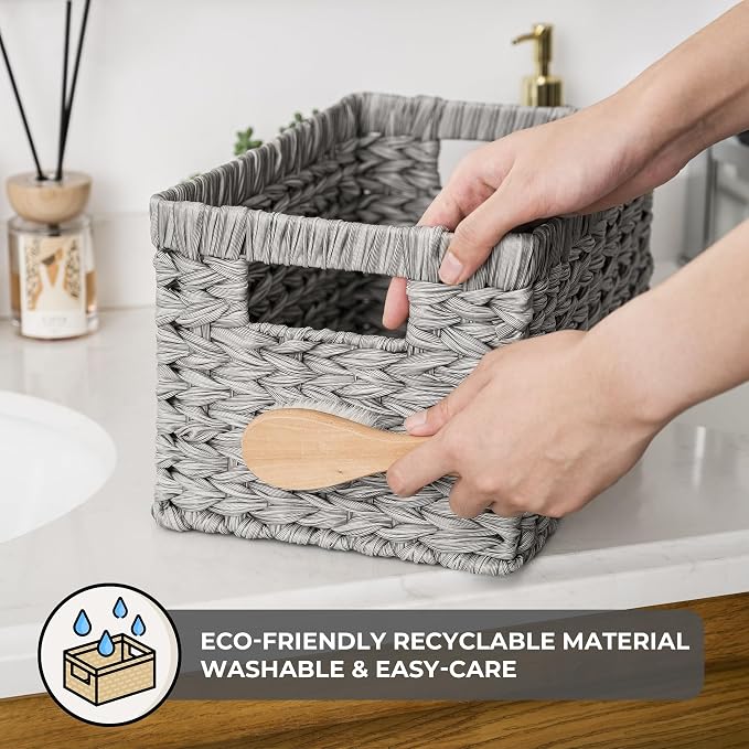 GRANNY SAYS Wicker Storage Baskets for Organizing, Basket Organizer, 2-Pack | Waterproof Wicker Baskets with Handles, Cabinet,Coffee Table,Gray Plastic Baskets for Shelves,Handwoven Bathroom Storage Bins