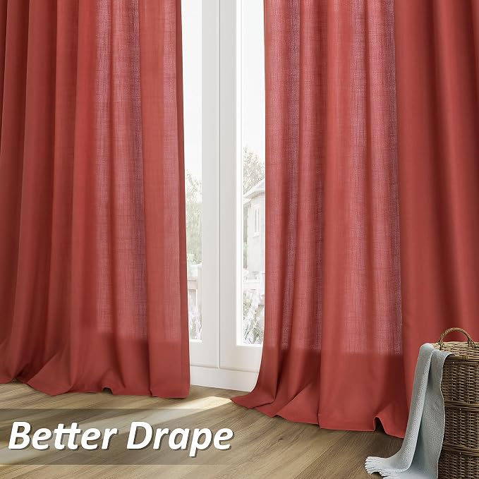Red Linen Curtains 108 Inch Length for Living Room Bedroom 2 Panels Set Rod Pocket Light Filtering Semi Sheer Window Curtains 52 Inch Width Boho Farmhouse Linen Drapes, W52xL108