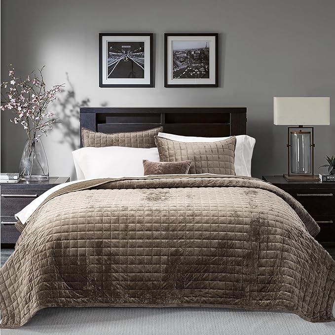 RECYCO Channel Box Stitch Velvet Quilt Set, King Size, Mocha Brown | Ultra Soft Lightweight Velvet Comforter, Luxury Oversized Bedspread Coverlet, Quilted Bedding Set for All Season with 2 Shams