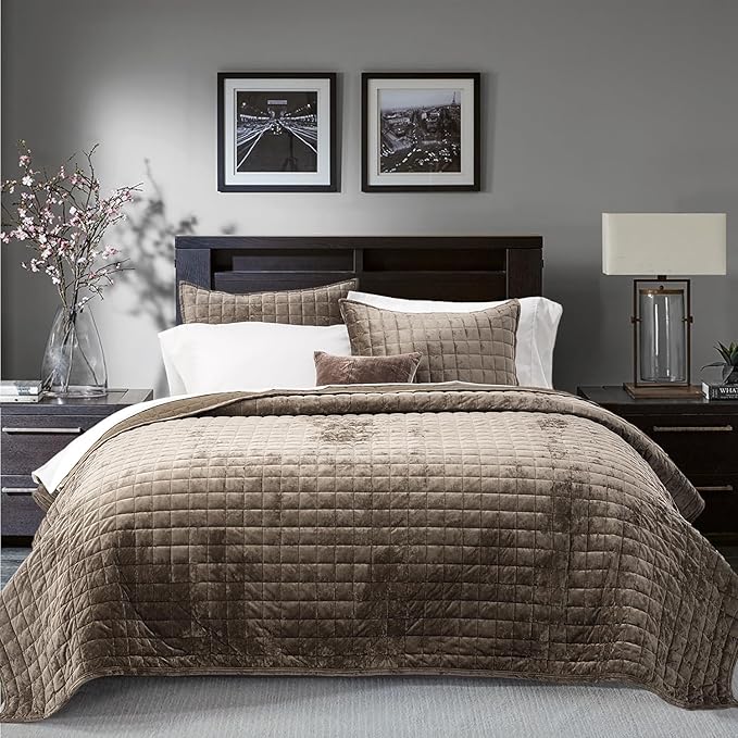 RECYCO Velvet Quilt Set, Oversized California King 118"x106", Mocha Brown | Channel Box Stitch Velvet Comforter Set, Ultra Soft Lightweight Bedspread Coverlet, All Season Bedding Set, with 2 Shams