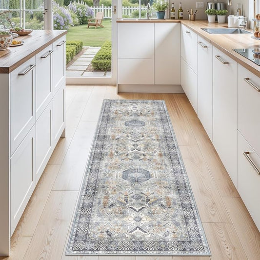 Washable 2x6 Kitchen Runner Rug - Hallway Rugs Low Pile Entryway Carpet Vintage Farmhouse Soft Thin Non-Slip Stain Resistant Indoor Floor Mat Home Decor for Bedroom Laundry Room(Grey/Blue, 2x6)