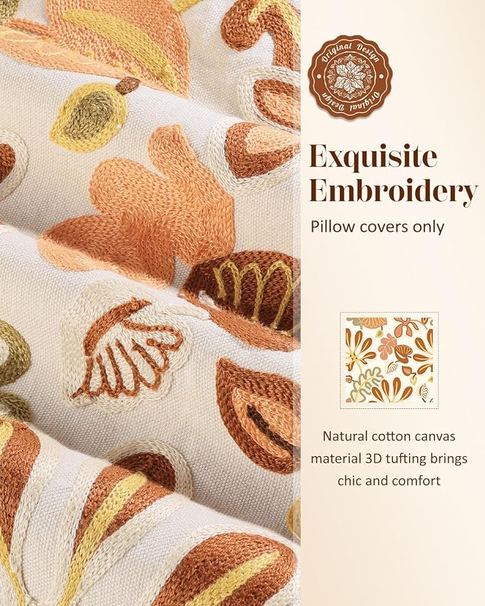 Fall Embroidered Throw Pillow Cover 18x18 Inch, Abstract Floral | Decorative Pillow Cover, Abstract Floral Cushion Case with Hidden Zipper, Autumn Decor for Couch, Sofa, Living Room, 1 Pack