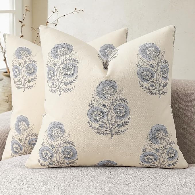 YCOLL Vintage Floral Print Pillow Covers 16x16 Set of 2 Patterned Accent Decorative Cushion Covers Modern Farmhouse Throw Pillow Covers for Sofa Couch Chair Bed Living Room Home Decor, Dusty Blue