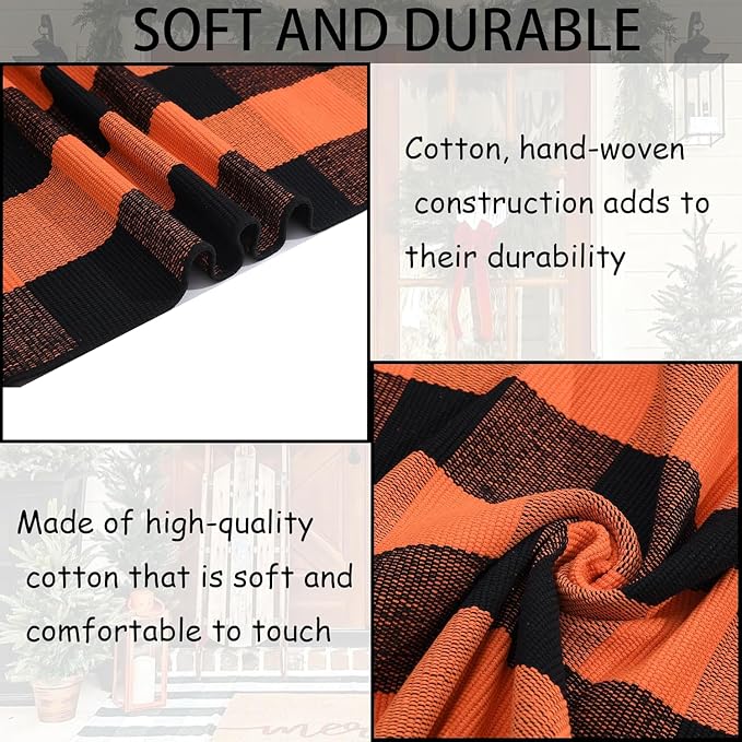 Orange and Black Plaid Rug, 3' x 5' Fall Outdoor Front Door Decor Mat, Cotton Washable Hand-Woven Rug for Layered Doormat, Autumn Halloween Thanksgiving Carpet for Porch, Entryway