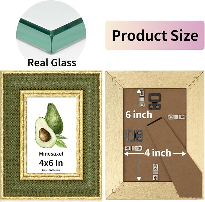 4x6 Picture Frame - Green Fabric & Vintage Gold Border HD Real Glass with Easel for Tabletop/Wall (Family Photos, Cabin Decor 4 Pack)
