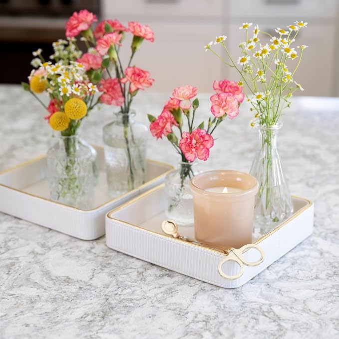 2 Pack White Catch All Trays for Jewelry| Small Leather Valet Tray| Key Bowl for Entryway Table EDC Trinket Tray CatchAll| Perfume Trays for Dresser Organizer Perfume Holder (Set of 2)