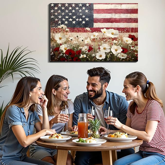 Framed American Flag Wildflower Field Wall Art, Patriotic Rustic Canvas Art Pictures, USA Flag Coastal Meadow Wall Decor, Made in USA Ready to Hang for Living Room Bedroom
