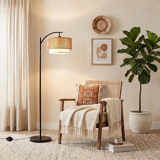 TJOY Arc Floor Lamp for Living Room, Boho Rattan & Fabric Shades