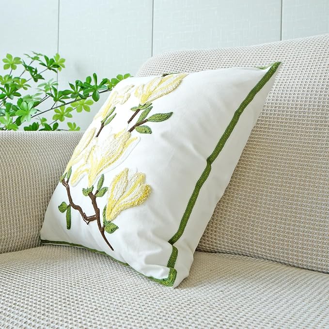 vctops Farmhouse Magnolia Flower Cotton Tufted Throw Pillow Cover Spring Floral Embroidery Pillowcase Soft Square Cushion Case for Sofa Couch Bed Chair (Yellow E,18"x18")