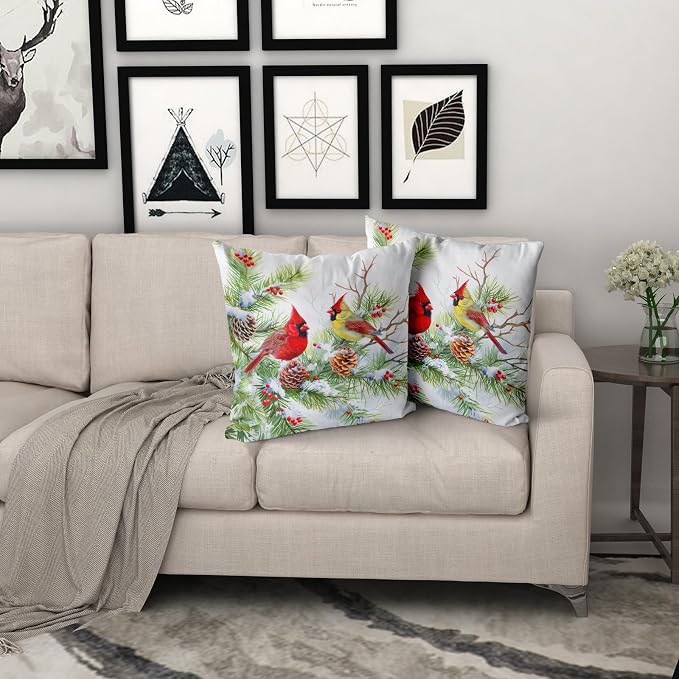 Giwawa Winter Birds Pillow Covers Set of 2 20x20 Inch Christmas Trees Holly Berry Pine Cones Xmas Snow Scene Square Cushion Cases Double Sided for Sofa Patio Porch Holiday Bed Decor