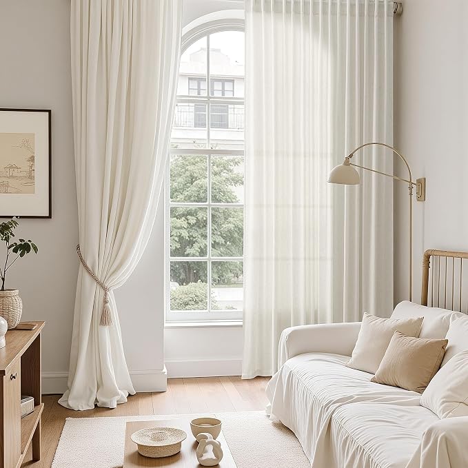Natural Linen Curtains 120 Inches Long for Living Room Light Filtering Sheer Curtains Back Tab and Rod Pocket Farmhouse Floor to Ceiling Curtain for Bedroom High Window 52x120, 2 Panels