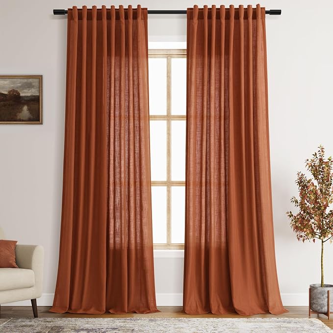 Terracotta Long Linen Curtains 102 Inches Long 2 Panel Set Back Tab Boho Rustic Farmhouse Curtain for Living Room Semi Sheer Floor to Ceiling Luxury Home Decor for Bedroom Office 60x102