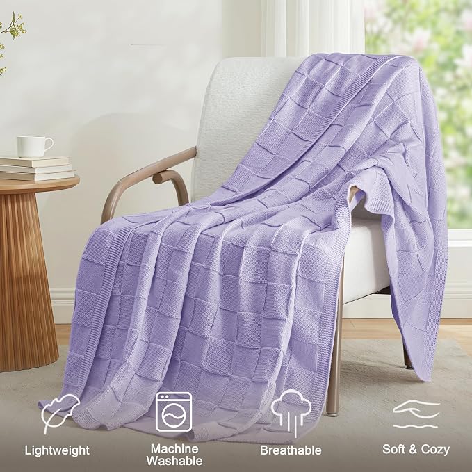 Whale Flotilla Checkered Knit Throw Blanket for Couch, Light Purple | Soft Decorative Knitted Blankets for Couch Sofa Bed, Lightweight Cozy Throws for Spring Summer, 60x80 Inch