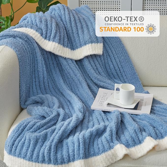 Snuggle Sac Ribbed Blue Throw Blanket for Couch, Microfiber Knit Stripe Throws, Soft Fuzzy Blankets for Couch, Sofa, Travel, Blue, 50x60 inches