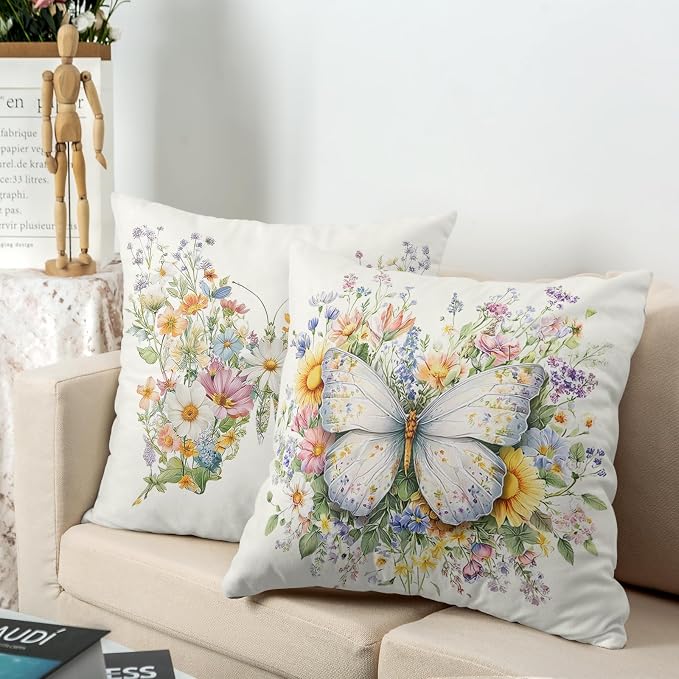 Colorful Butterfly Pillow Covers Spring Summer Floral Throw Pillow Covers Butterfly Sunflower Pillow Cases 20x20 Daisy Farmhouse Decorative Cushion Cases for Home Sofa 2 Pack