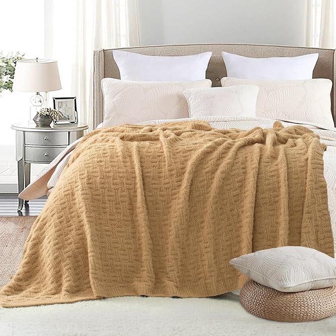 Camel Ultra Soft Knit Throw Blanket for Couch,50"X60" Microfiber Fluffy Cozy Warm Knitted Blankets with Checked Pattern for Sofa Bed