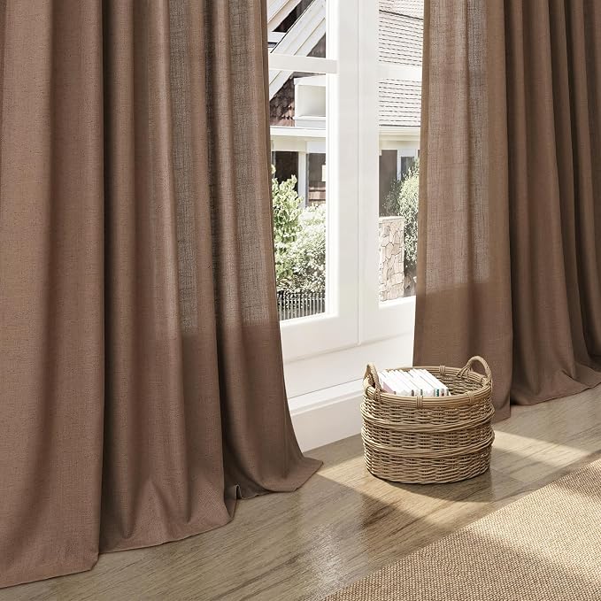 Caramel Brown Linen Semi Sheer Curtains 72 Inches Long 2 Panels Set for Bedroom Back Tab Rod Pocket Light Filtering Privacy Drapes Cotton Textured Farmhouse Living Room Curtain 52X72