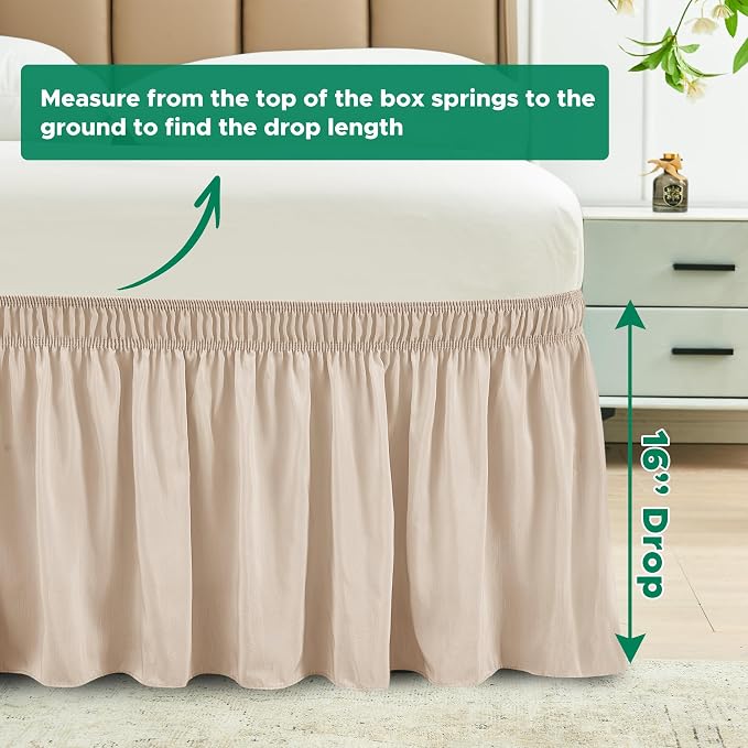 Wrap Around Bed Skirt King Size 16 Inch Drop-Elastic Dust Ruffle Sand | Adjustable Pleated Bedskirt-Easy Fit Wrinkle Resistant Washable Hotel Quality Fabric Bed Skirting-Master Guest Bedroom Rental