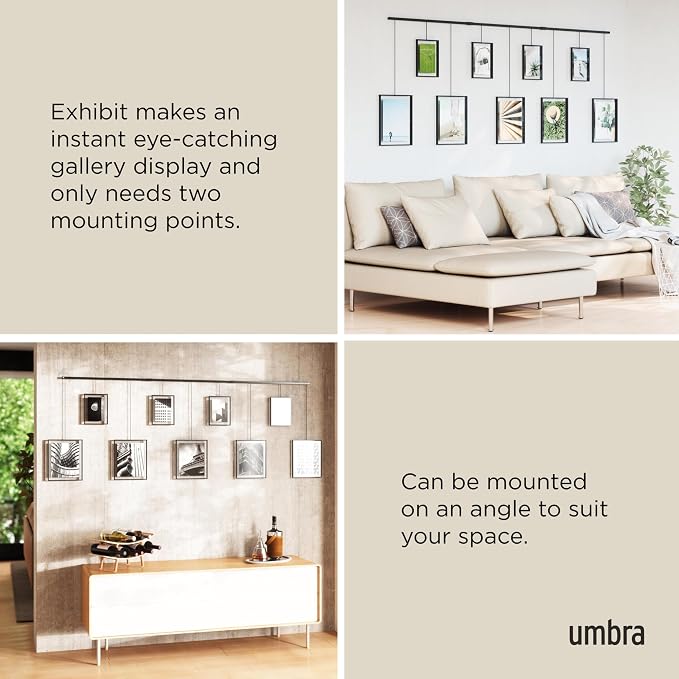 Umbra Exhibit Gallery Picture Frames, Adjustable Wall, Set of 9, Black | Steel, movable hanging rods, holds 8x10 and 5x7 sizes, minimal screw holes, mounting hardware included