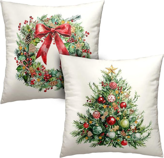 Set of 2 Christmas Tree Pillow Covers Xmas Wreath Throw Pillow Covers Red and Green Decorative Pillow Case 20x20 Winter Holiday Cushion Case for Home Decor Couch Sofa