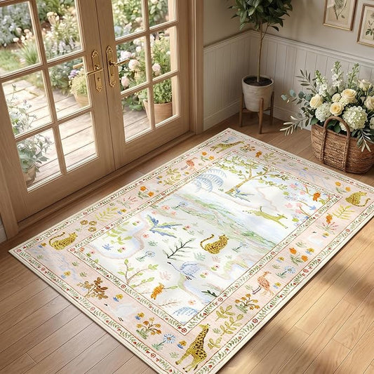 2x3 Washable Area Rug for Entryway Non Slip Safari Nursery Rug Blush Kids Room Rugs Low Pile Stain Resistant Jungle Animal Print Rugs Small Throw Mat for Living Room Bedroom Girls Room, Peach Blush