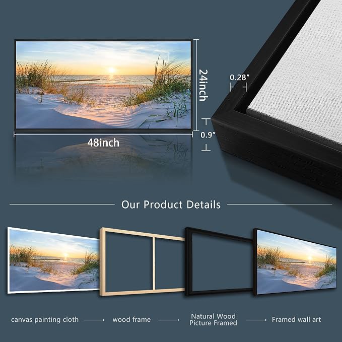 MHARTK66 Canvas Wall Art For Living Room Large Wall Decor For Office Bedroom Poster Art Prints Sun Seascape Wall Painting Blue Ocean Pictures Artwork For Walls Black Wood Framed 24" X 48"