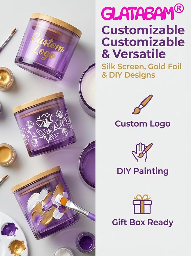 GLATABAM 4 OZ Candle Jars 12 Pack - Bulk Glass Candle Making Jars with Bamboo Lids & Labels, Heat Resistant Empty Reusable Candle Vessel for Containers(Purple)