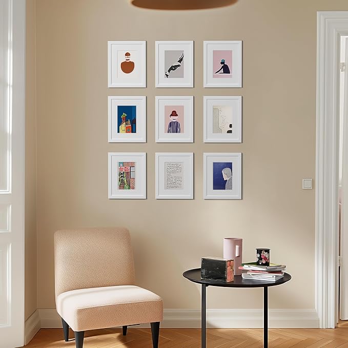 eletecpro Picture Frames Set of 9, 8x10 in, Acrylic Cover, White | Display Photo 5x7 with Mat or 8x10 without, Classic Gallery Collage, Wall Mount, Minimalist Home Decor, Engineered Wood