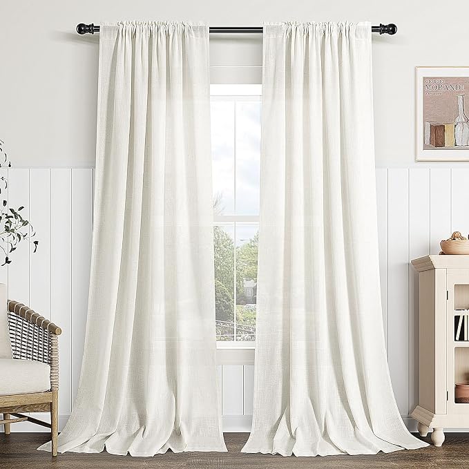 Linen Curtains 96 Inches Long 2 Panel Set Rod Pocket Semi Sheer Dining Room Cozy Bedroom Decor Cotton Look Country Rustic Farmhouse Boho Curtains Beige White, 52x96