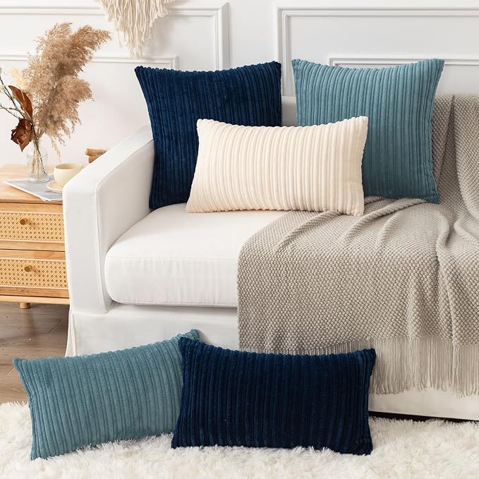 Kevin Textile Striped Corduroy 22”x22” Pillow Covers 2 Pack, Blue Grey