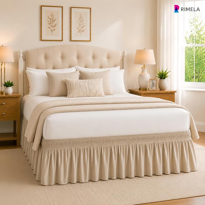 Light Camel Bed Skirt Queen Size 15" Drop, Elastic Wrap Around Bedskirt | Solid Ruffled, Easy to Use, No Mattress Lifting, Wrinkle & Fade Resistant, with Adhesive Strips, Machine Wash/Dry/Iron