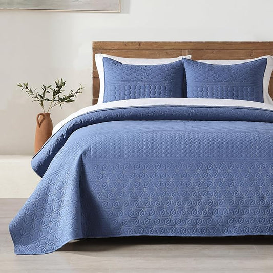 HORIMOTE HOME Denim Blue Queen Size Quilt Set - Soft Microfiber Bedspread with 2 Shams, Lightweight & All-Season Geometric Coverlet for Cozy Bedding
