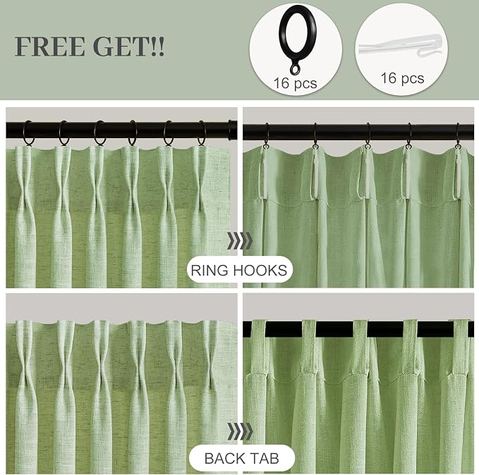 Pinch Pleated 90 Inch Linen Curtains for Living Room, Light Filtering, W40 | Semi Sheer, Bedroom, Pinch Pleat, Linen Blend, Hook Rings, Non See Through, Memory Shape, Privacy, Sage Green, 2 Panels