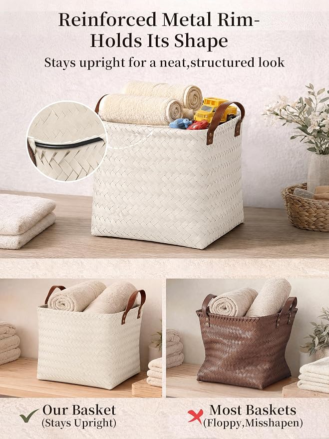 Wicker Storage Baskets, 4 Pack Woven Baskets for Shelves, White | PP Rattan, Water-resistant Wicker Basket, Large Baskets with Faux Leather Handles for Blanket, Laundry Organizer, Room Decor