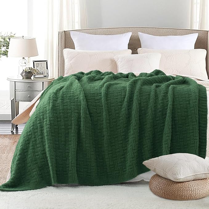 Green Ultra Soft Knit Throw Blanket for Couch,50"X60" Microfiber Fluffy Cozy Warm Knitted Blankets with Checked Pattern for Sofa Bed