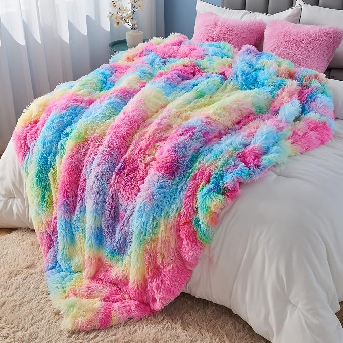 GONAAP Fuzzy Faux Fur Twin Blanket for Couch, Dark Rainbow, 60"x80" | Warm Cozy Plush Shaggy Decorative Reversible Thick Non-Heated Fleece Blanket for Sofa Bed, Gift for Women Men, All Season Use