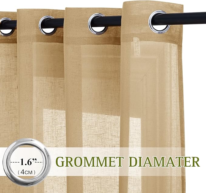 NICETOWN Sheer Linen Curtains Flax Texture 96 inch Long, Grommet Semi Sheer Window Treatments Privacy with Light Filtering Drapes for Bedroom/Living Room, Camel, W52 x L96, 2 Panels
