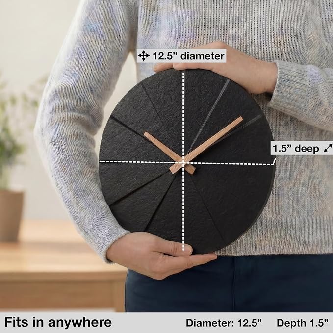 Driini Modern Wall Clock with No Numbers and Wooden Hands. Black,12.5 Inch | Silent battery operated quartz; frameless oversized polyresin face; decorative minimalist style for a living room or office.