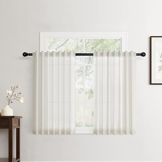 Jowels Natural Linen Curtains 48 Inch Long 2 Panels for Living Room | Ivory Light Filtering Sheer Curtain,Back Tab Pocket Pleated Look,Modern Farmhouse Textured Privacy Drapes for Bedroom Window