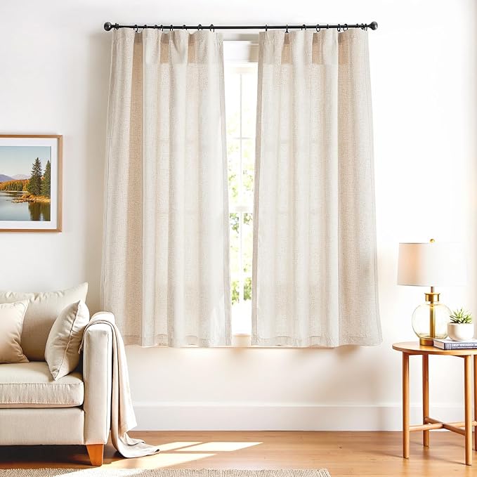 jinchan Linen Curtains Light Filtering Back Tab 50x72 Inch 2 Panels Beige | Semi Sheer Curtains 72 inch length for Bedroom Living Room, Modern Farmhouse Drapes with Rod Pocket, Natural Boho Curtains