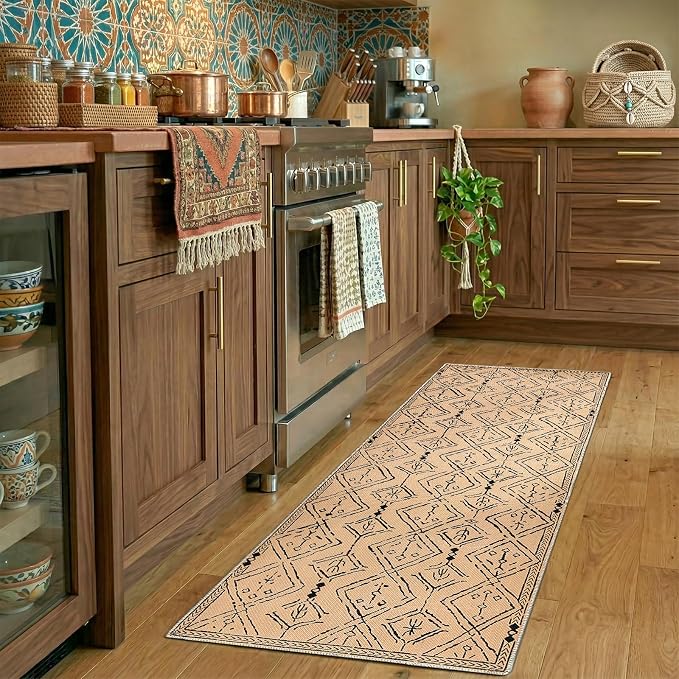 jinchan 2x6 Faux Jute Runner Rug Washable Moroccan Hallway Rug, Warm Taupe | Neutral Boho Geometric, Non-Slip Low Pile, Indoor Outdoor, High-Traffic, Kitchen, Bathroom, Laundry, Porch, Balcony, Entryway