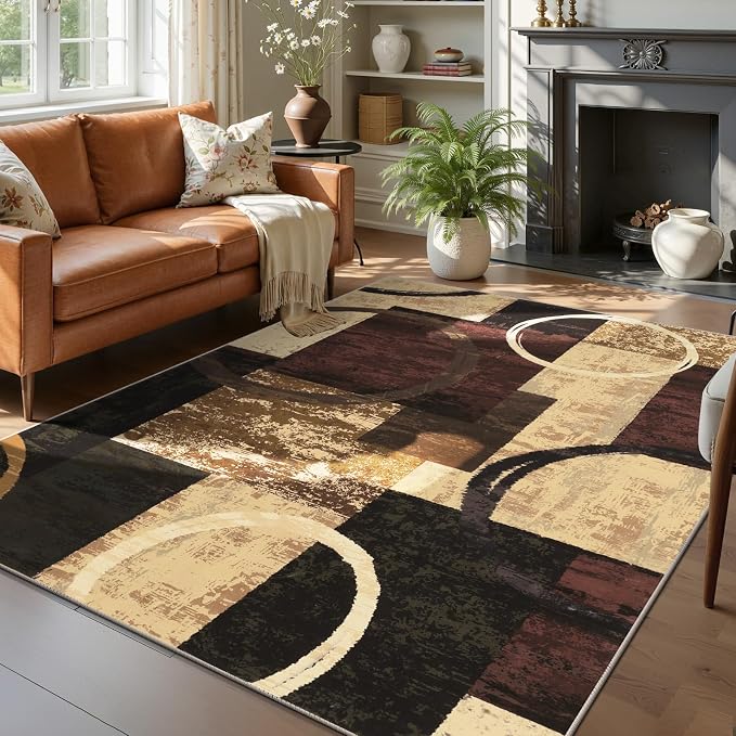 Yamaziot 5x7 Washable Modern Abstract Area Rug Non-Slip Living Room Rug | Stain Resistant, Low Pile, Ultra Soft Carpet Rug with Rubber Backing for Dining Room, Nursery, Bedroom, Office, Brown