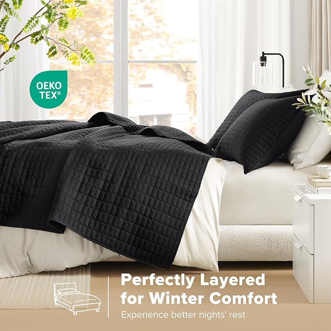 Comfort Spaces Kienna King Quilt Bedding Set 3 Piece, 104"x90" Black | Soft Cozy Lightweight Summer Coverlet Cal King, Quilted Bedspreads Extra Layer, Modern Casual Bedroom Decor, OEKO-TEX