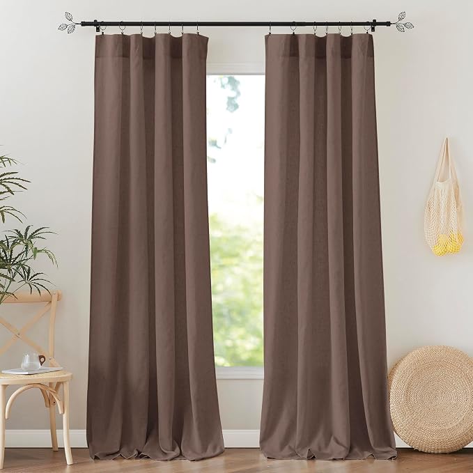 RYB HOME Linen Sheer Curtains 2 Panels for Living Room, Semi Transparent Privacy Drapes with Rod Pocket Farmhouse Style Window Treatments for Bedroom, Brown, 52" W x 95" L
